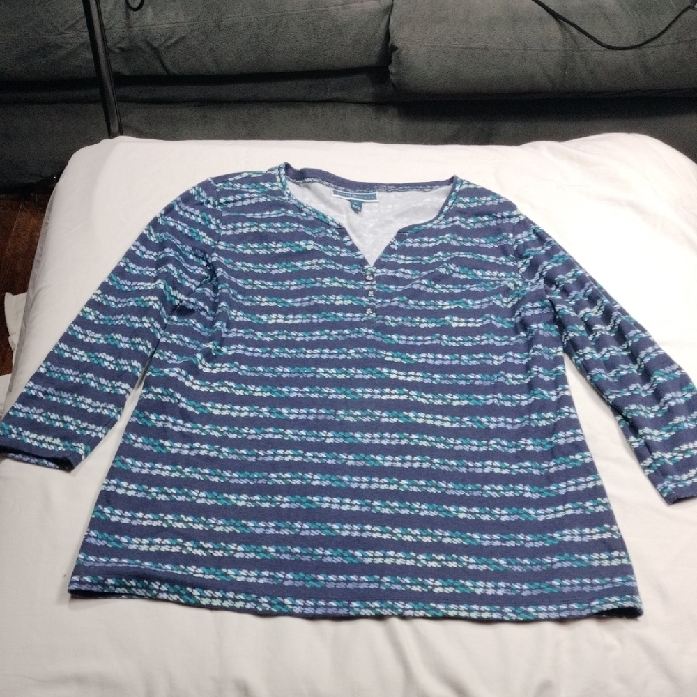 Karen Scott Navy and Aqua Striped Top Size XL